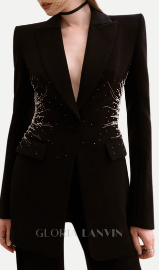 black Beaded diamond-encrusted blazer trousers set