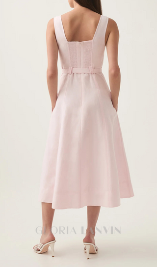 sweetheart neckline belted midi dress in pink