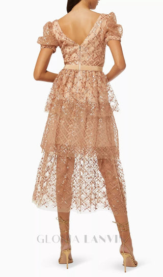 V-NECK SEQUIN TIERED MIDI DRESS