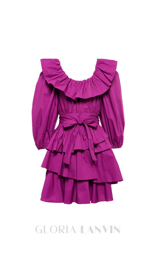 PUFF SLEEVE RUFFLE LAYER MINI DRESS IN PURPLE