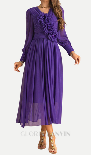 three-dimensional flower v-neck purple chiffon maxi dress