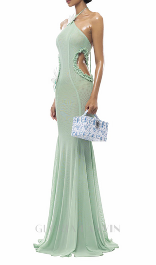 Butterfly Slip Halterneck Tulle maxi Dress in Green