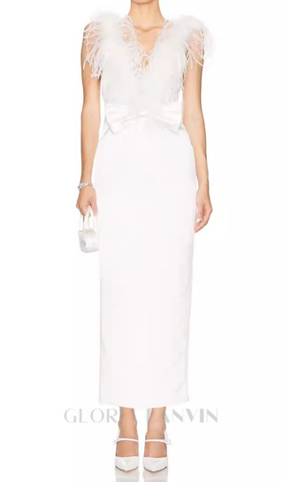 SIBYL FEATHER SLEEVELESS MIDI DRESS IN WHITE