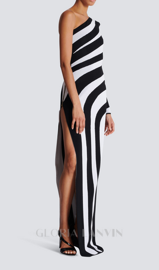 XAVIERA ASYMMETRICAL STRIPED KNIT MAXI DRESS