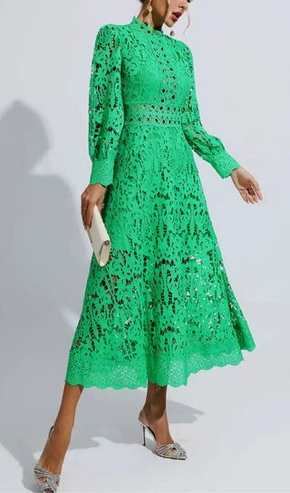 KENZIE GREEN HOLLOW LACE CUTOUT MIDI DRESS