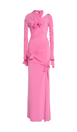 HALTERNECK BANDAGE TIGHT HOLLOW PINK MAXI DRESS