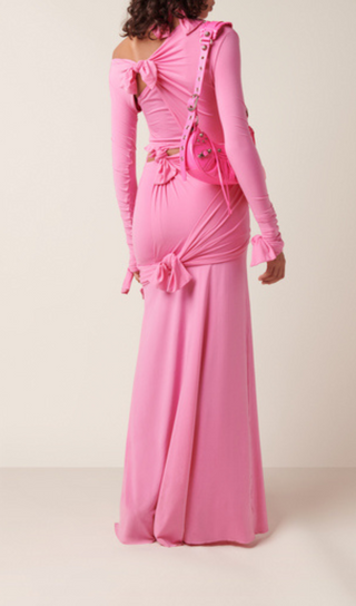 HALTERNECK BANDAGE TIGHT HOLLOW PINK MAXI DRESS