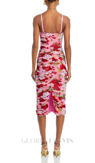 CAPRICE MULTICOLOR FLORAL MESH MIDI DRESS