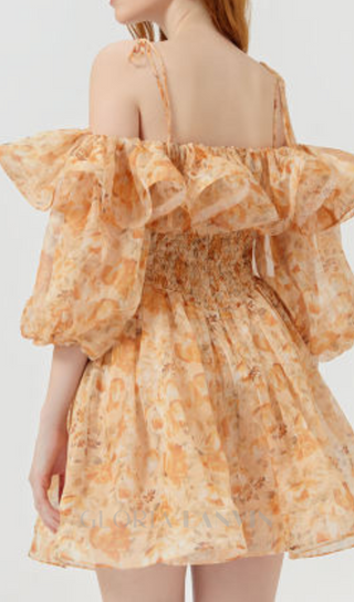 ANNA PRINTED RUFFLE TRIM MINI DRESS IN ORANGE