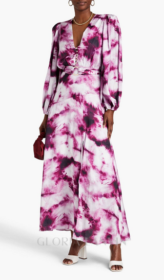 SUSANNA FUCHSIA BELTED TIE-DYED SATIN MAXI DRESS