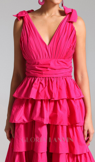 PLUNGE V RUFFLE TIERED SLIT GOWN IN PINK