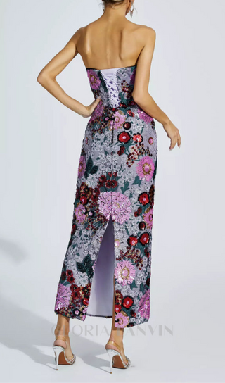 ANGELA MULTICOLOR FLOWER SEQUINS RUFFLED SHOULDER MIDI DRESS