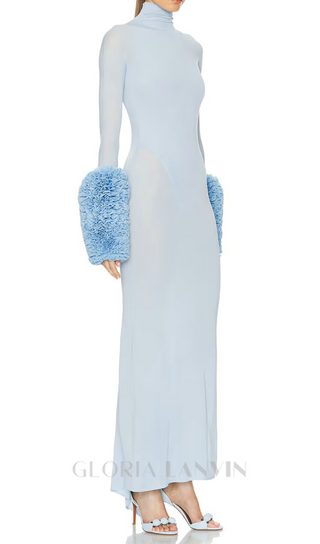 MICHELLE RUFFLED TURTLENECK MAXI DRESS IN PALE BLUE