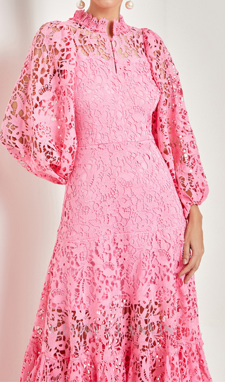 TARA PINK LACE EMBROIDERED LONG SLEEVE MIDI DRESS