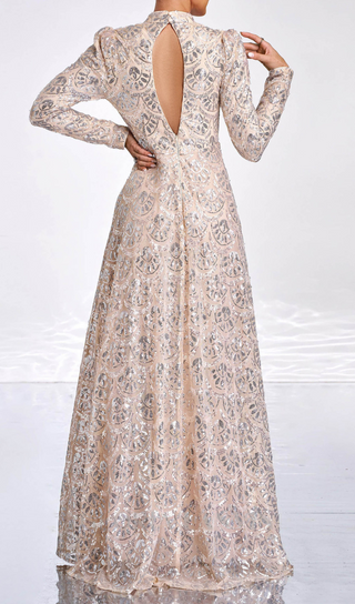 Long Sleeve Lace Back Sequin maxi Dress in gold