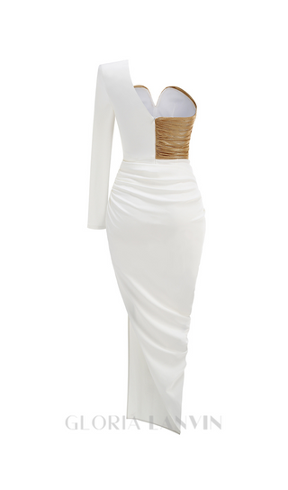 Rose Details High Sut Maxi Dress in gold white