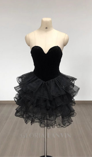 strapless ruffled organza corset mini dress in black