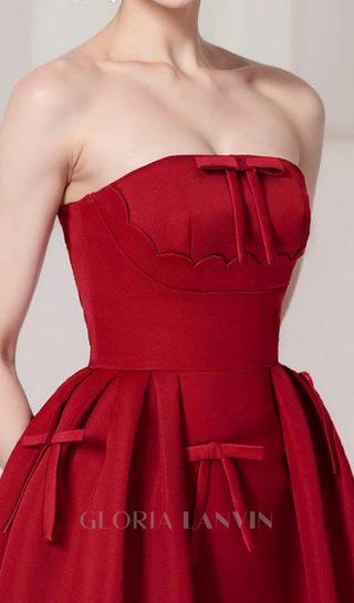 RED STRAPLESS RIBBON FRONT PLAIN A-LINE MIDI DRESS