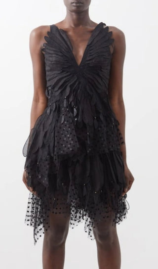 APPLIQUÉD TULLE MINI DRESS IN BLACK