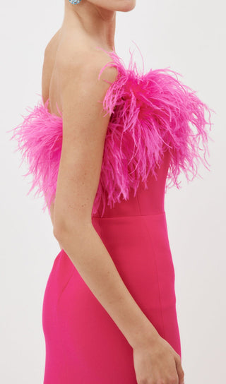 HOT PINK FEATHER BODYCON MAXI DRESS