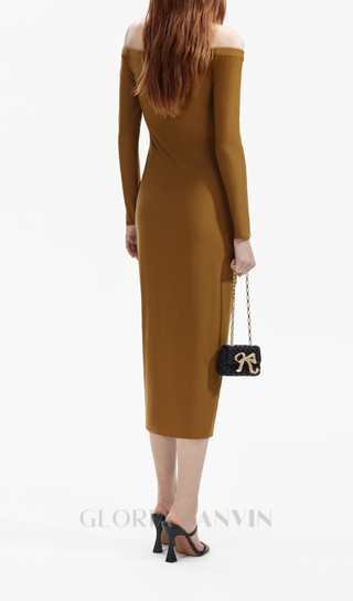 MAUREEN KHAKI JERSEY OFF SHOULDER MIDI DRESS