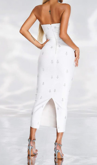 LINDA STRAPLESS CRYSTAL EMBELLISHED WHITE BANDAGE DRESS