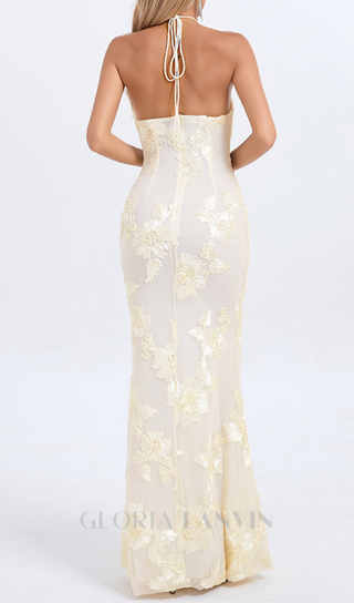 GABRIELLE EMBOIDERED FLORAL HALTER MAXI DRESS IN PALE YELLOW