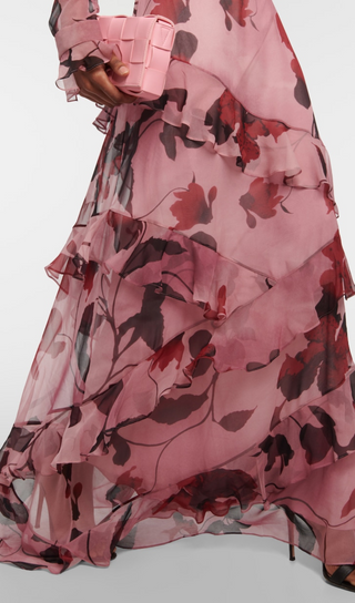 RUFFLE-TRIMMED FLORAL SILK VOILE MAXI DRESS