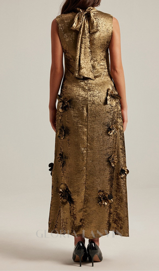 3d floral embellished maxi dress in gold