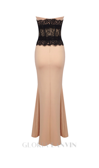 ADELE CREPE LACE CORSET MAXI DRESS IN BEIGE