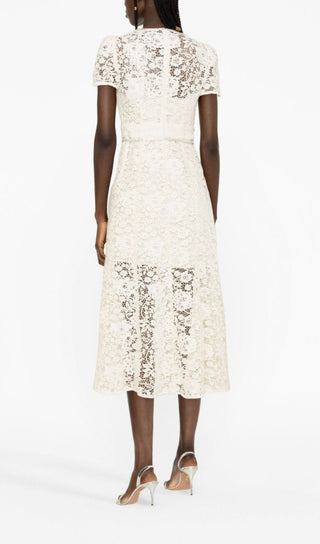 CREAM EMBELLISHED FLORAL LACE MIDI DRESS