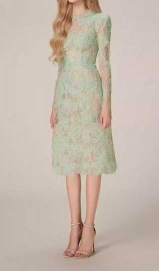 SEQUIN EMBROIDERED ULTRA-SLIM LACE MIDI DRESS