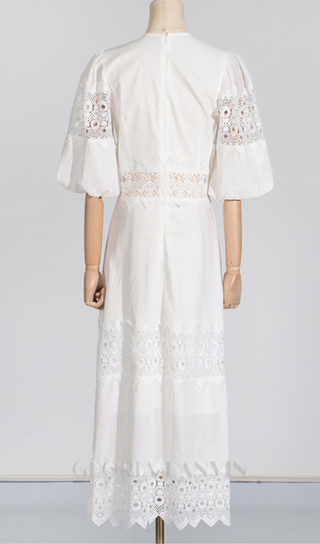 HAZEL WHITE EMBROIDERED ROUND NECK PUFF SLEEVE MIDI DRESS