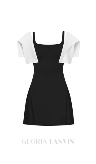 BARBARA BLACK SQUARE NECK MINI DRESS WITH WHITE SHOULDER