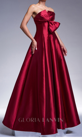 bow satin maxi dress in burgundy