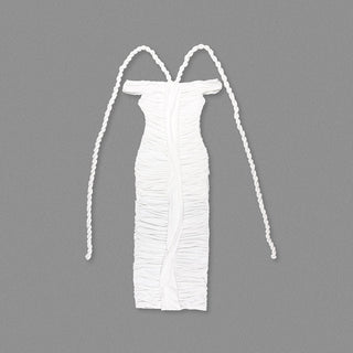 cara white off-shoulder ruched bodycon maxi dress with rope embellished