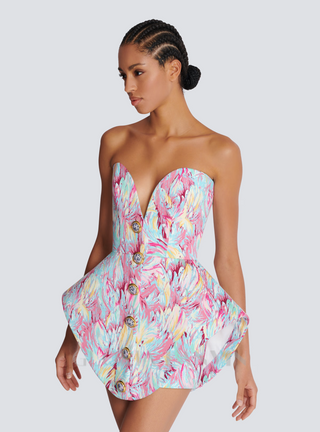 STACEY MULTICOLOR FEATHER PRINT PEPLUM BUSTIER MINI DRESS