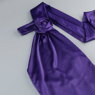 satin wrap halter gown with flower in purple