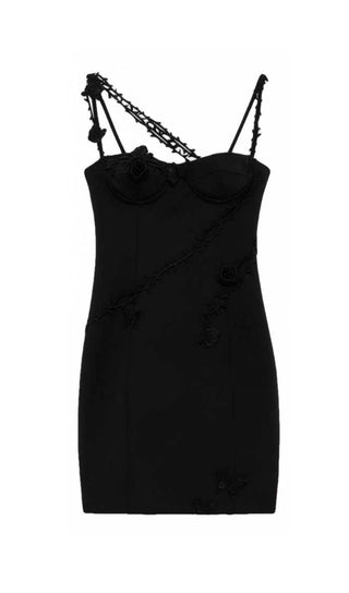 CREPE ROSE & THORNS MINI DRESS IN BLACK