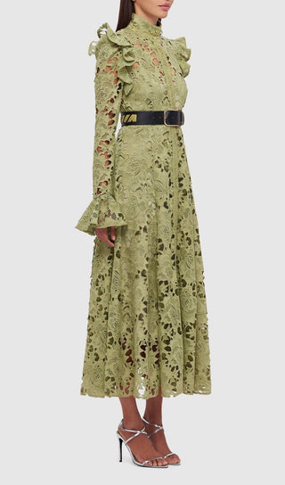 LACE BUTTERFLY SLEEVE MIDI DRESS IN OLIVE