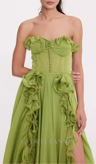 ZONA FRILL SWEETHEART NECK SLEEVELESS MAXI DRESS IN GREEN