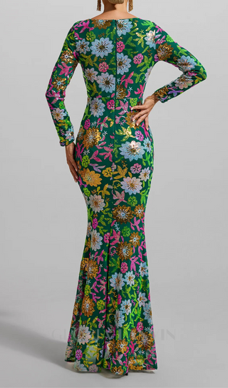 Sequin Round Neck Long Sleeve Maxi Dress in Green