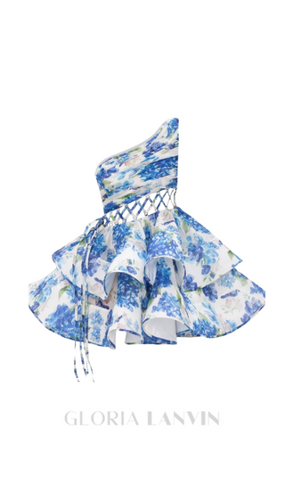 GAIL BLUE FLORAL PRINTED ONE-SHOULDER MINI CHIFFON DRESS