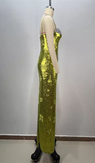 Sequined Low-Cut Strap Maxi Dress Fluorescent Green