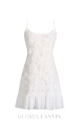 FLORAL APPLIQUÉ PLEATED HEM MINI DRESS IN WHITE