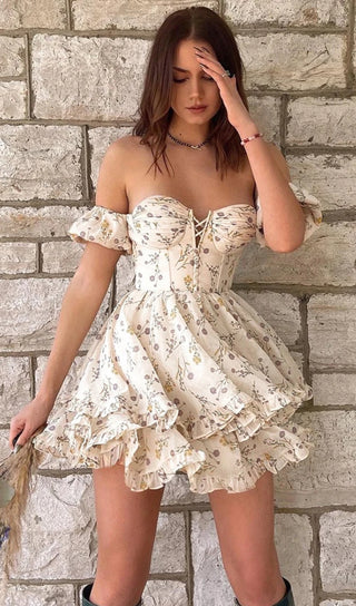 FLORAL THEMED OFF SHOULDER MINI DRESS