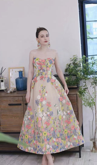 STRAPLESS TEA LENGTH FLORAL MIDI DRESS