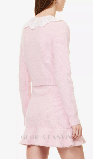 Fluffy ribbed-knit stretch-woven blend cardigan in pink