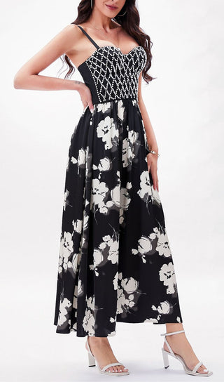 BLACK BEAD FLORAL MAXI DRESS