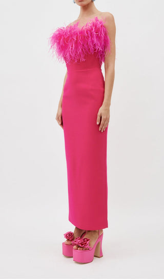 HOT PINK FEATHER BODYCON MAXI DRESS